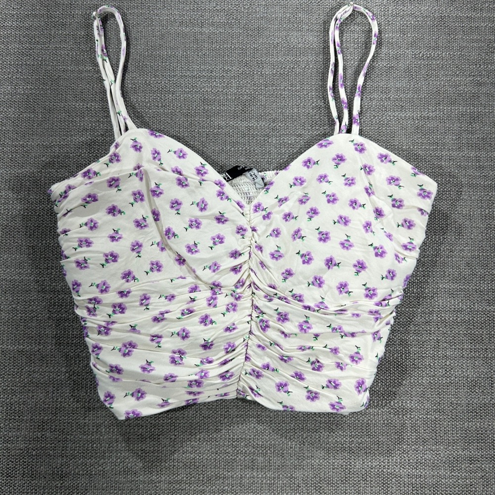 Zara Cami Top Womens Small White Purple Floral Excellent Ruched Sweetheart Neck